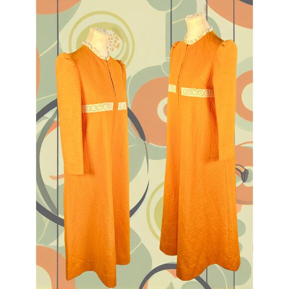 Vintage 60s Neon Orange Maxi Prairie Hippy House Coat Dress Size M - Picture 2 of 3